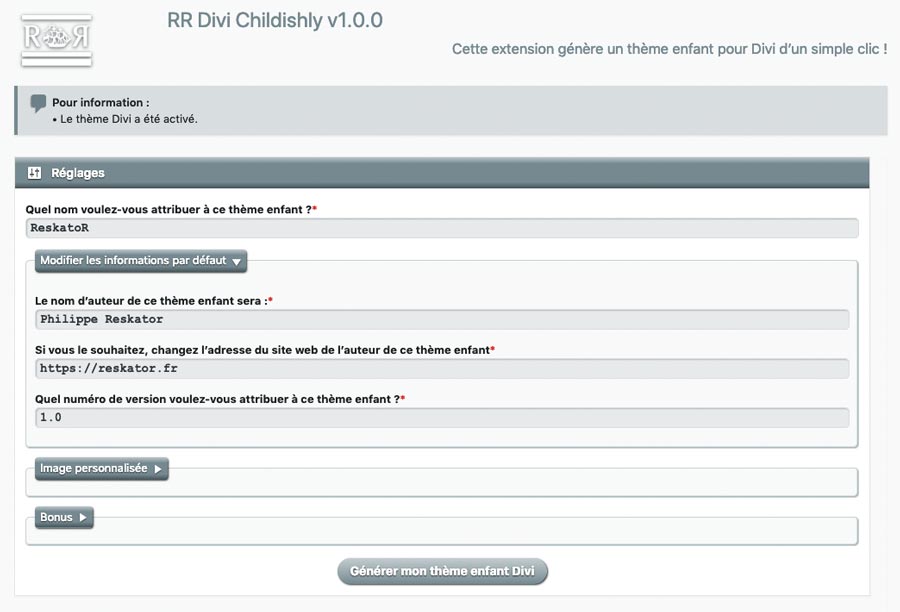Modifier les informations par défaut dans le plugin RR Divi Childishly